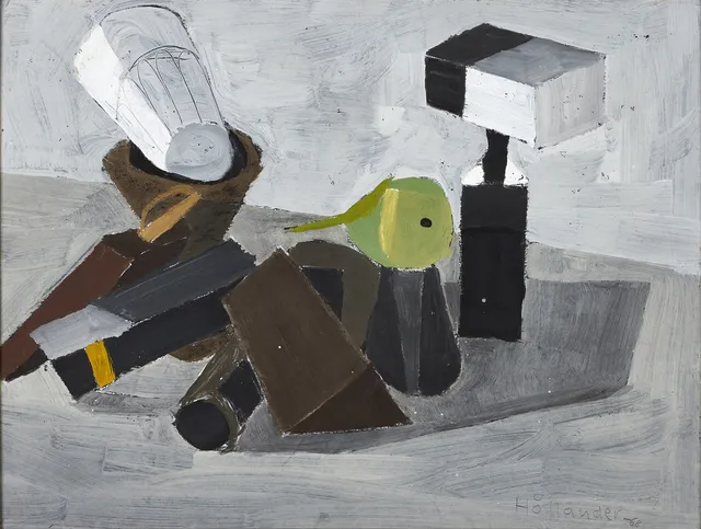 GUNNAR HÅLLANDER (1915-1980). "Staplade föremål", signerad Hållander, utförd 1968, akryl på pannå.