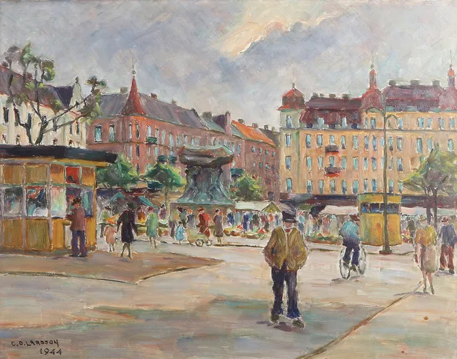 CARL OSCAR LARSSON. Oljemålning på pannå. Möllevångstorget, Malmö. Signerad och daterad 1944.