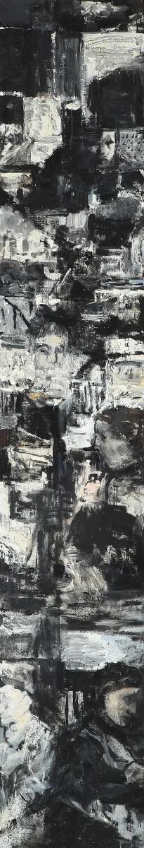 “Et øjeblik”, 1985. Signed P. Martensen with title and date on the reverse. Oil on canvas. 230×40 cm. — Modern Paintings/Modern art — Bruun Rasmussen