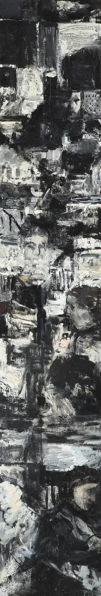 “Et øjeblik”, 1985. Signed P. Martensen with title and date on the reverse. Oil on canvas. 230×40 cm.