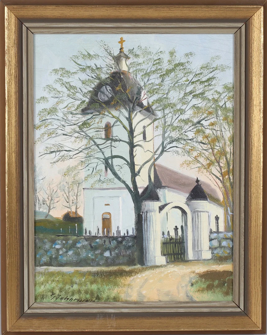 GUNNAR JOHANSSON. Kyrkomotiv, olja på duk, signerad. — Paintings — Stadsauktion Sundsvall
