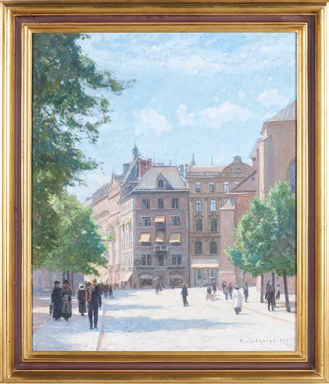 HERMAN LINDQVIST (1868-1923). Jakobstorg, Stockholm, olja på duk, signerad och daterad 1919.