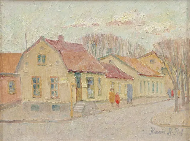 KARIN KARLSSON. Gatubild, olja på pannå, signerad.