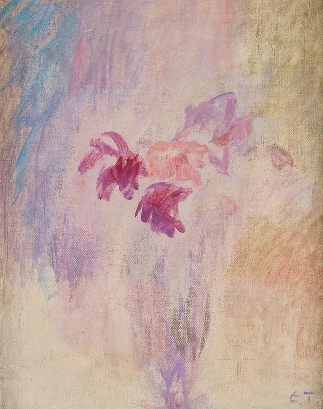 Ellen Thesleff, Blommor, röda i violett vas mot violett fond.