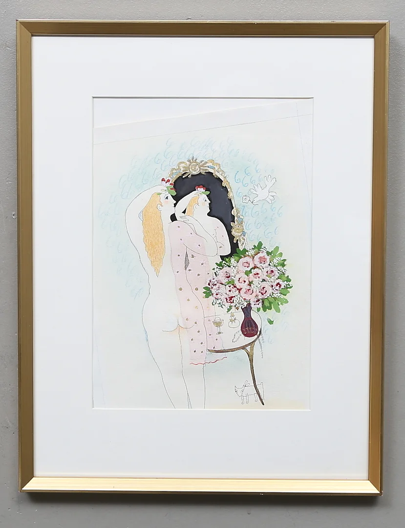 MARION BELIN. "Före festen". Blandteknik, signerad. — Paintings — Gomér & Andersson Linköping