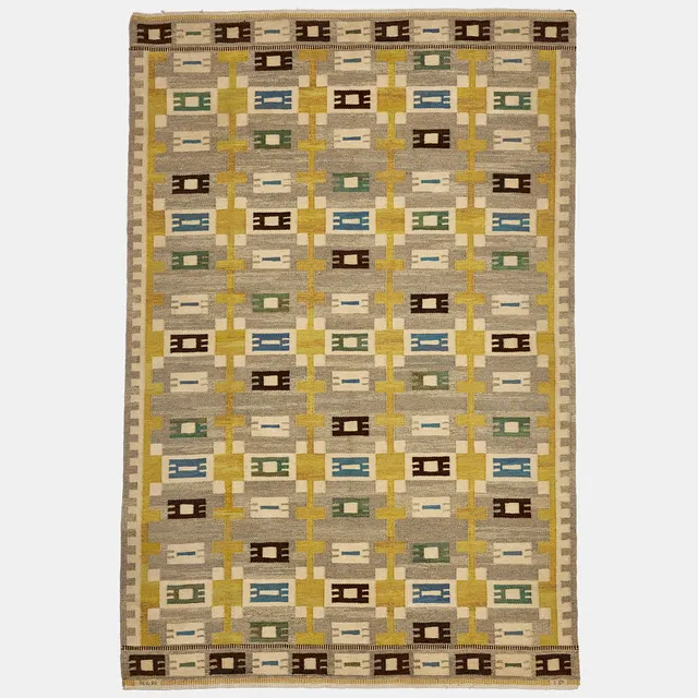 INGRID DESSAU. Carpet, "Vintergäck", flatweave, Kristianstad Läns Hemslöjd. Stylized pattern in yellow, blue, green, white and gray. Signed KLH ID.