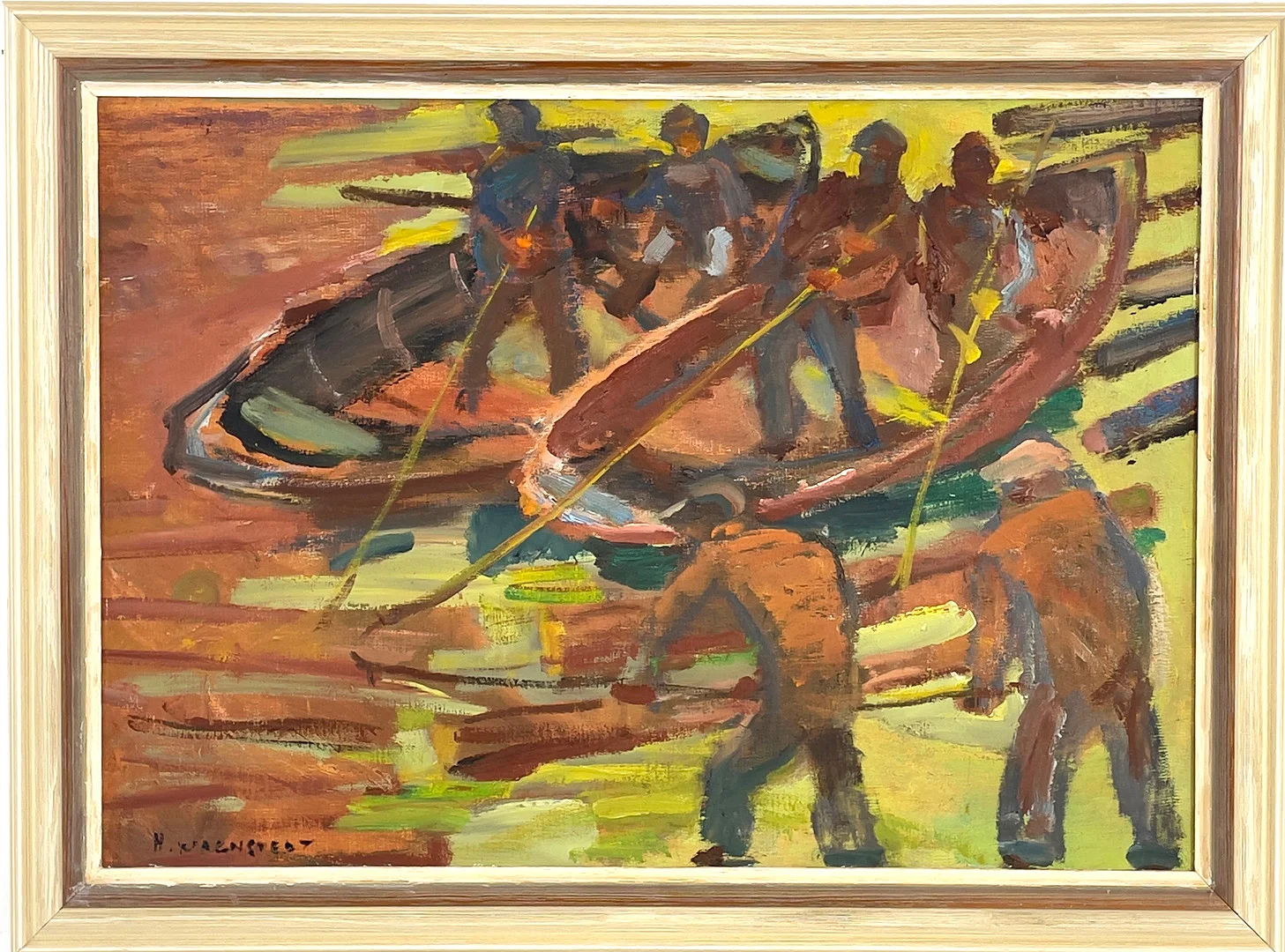 HANNES WAGNSTEDT. Timmerflottning, olja på pannå, signerad H. Wagnstedt. — Paintings — Roslagens Auktionsverk