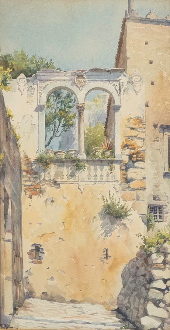 ELLEN JOLIN. Sydländsk stadsbild, akvarell, signerad.