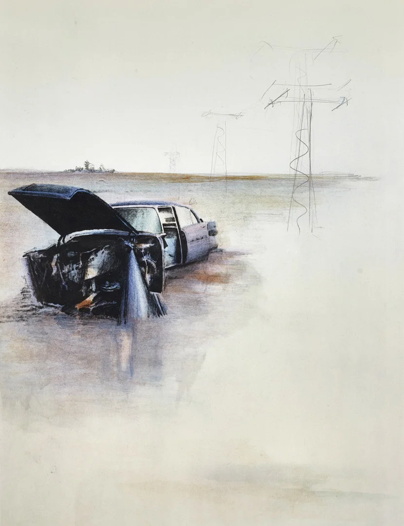 ULF WAHLBERG (1938-2014). "Bilen i öknen", signerad och daterad -79, numrerad XX/XXV, färglitografi. — Engravings & Prints — Crafoord Auktioner Stockholm
