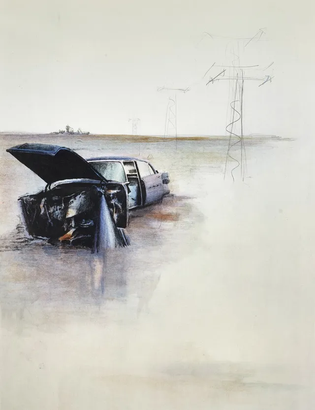 ULF WAHLBERG (1938-2014). "Bilen i öknen", signerad och daterad -79, numrerad XX/XXV, färglitografi.