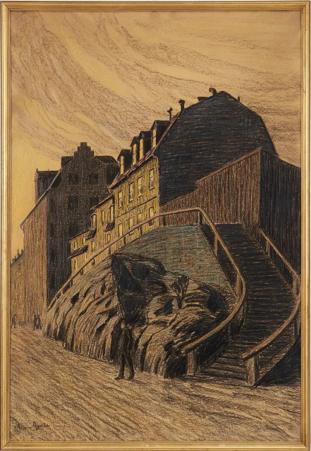 ARON GERLE (1860-1930), Stockholmsgata i skymning, signerad, krita/blandteknik.