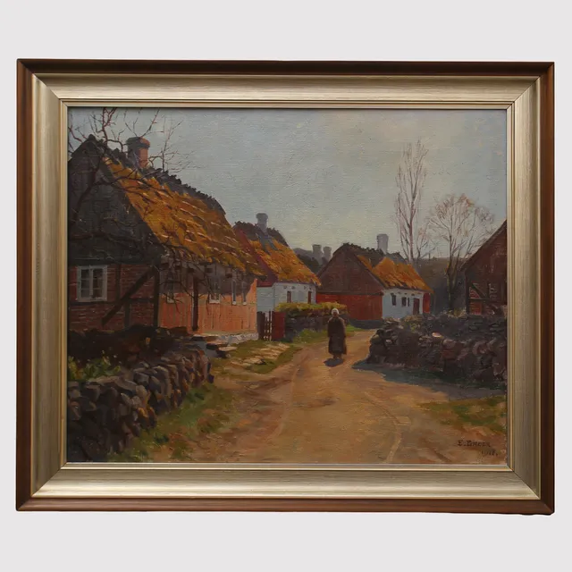 EINAR BAGER. Olja på duk, promenerande kvinna i gårdsmiljö, signerad, daterad 1910.