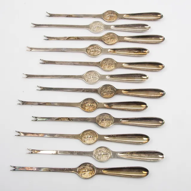 SKALDJURSBESTICK, 12 stycken, nysilver.