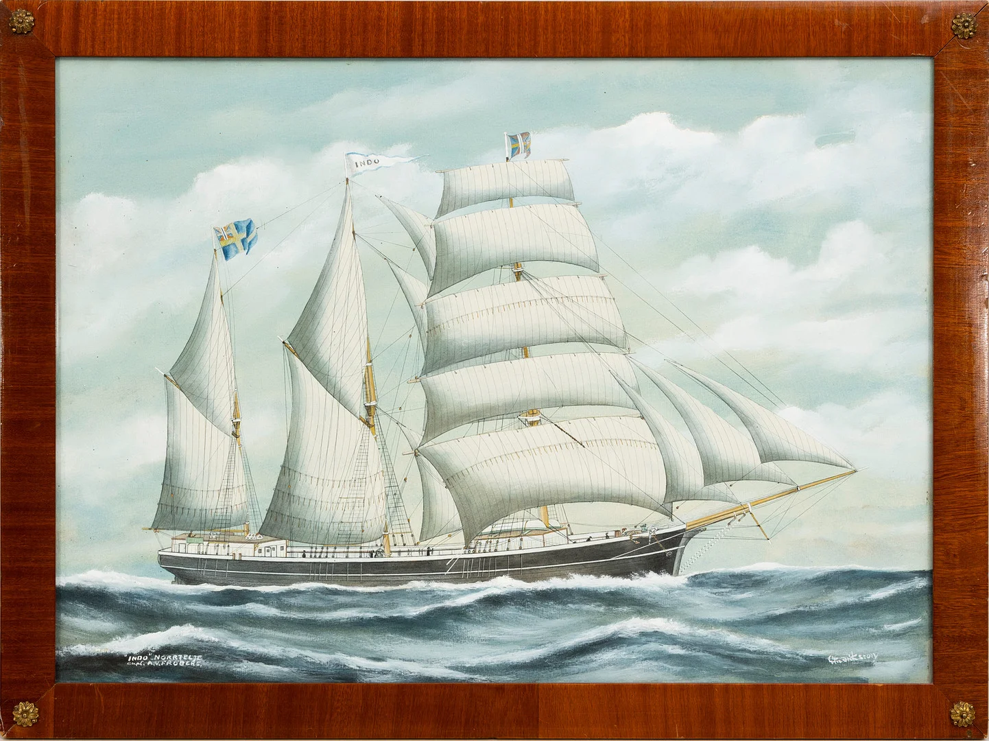 GUSTAF FREDRIKSSON. "Indo" Norrtelje, akvarell/gouache, barkskepp, capt, A.V. Fröberg, signerad, G. Fredriksson. — Other — Auktionshuset Kolonn
