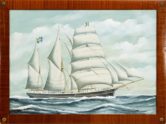 GUSTAF FREDRIKSSON. "Indo" Norrtelje, akvarell/gouache, barkskepp, capt, A.V. Fröberg, signerad, G. Fredriksson.