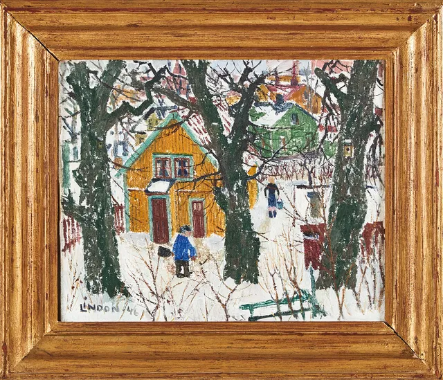 KURT LINDON (1919 - 1985). "Tyst vinterdag", olja på duk fäst mot pannå, signerad Lindon -46.