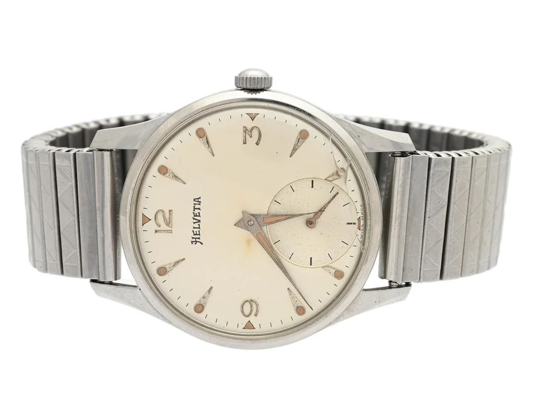 HELVETIA, herrur, 34 mm, Cal H 64, Boett nr. 351, stål, manuell, plexiglas (skadat), liten sekundvisare, skadad urtavla, ca 1955, metallänk ej original. — Klockor/Helvetia — Kaplans