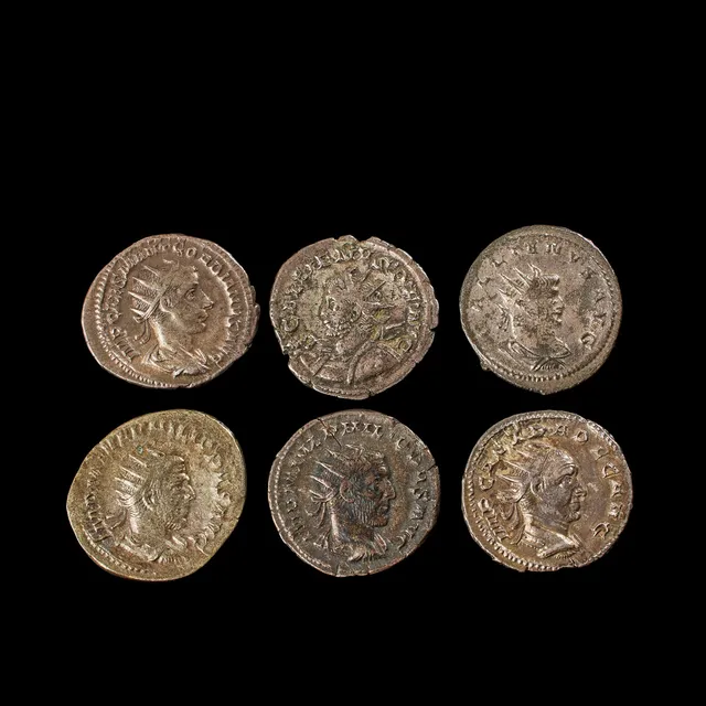 SILVERMYNT 6 st, romerska bl a Gallenus, antoninianus präglad 258-259, Aemilianus, antoninanus, präglad ca 253, Gordianus III, kejsare 238-244.
