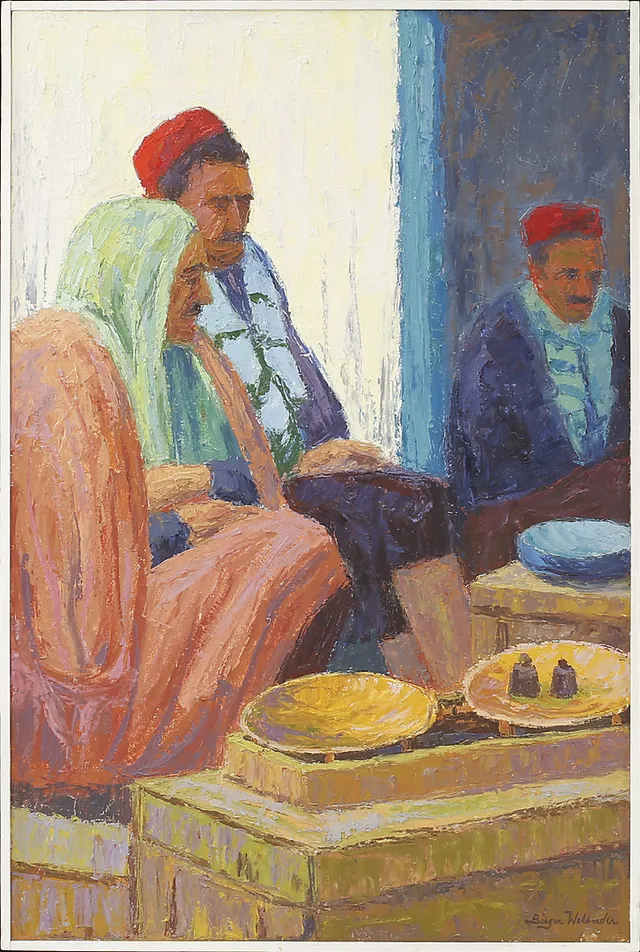 BIRGER WELANDER. Figurscen, olja på pannå, signerad.