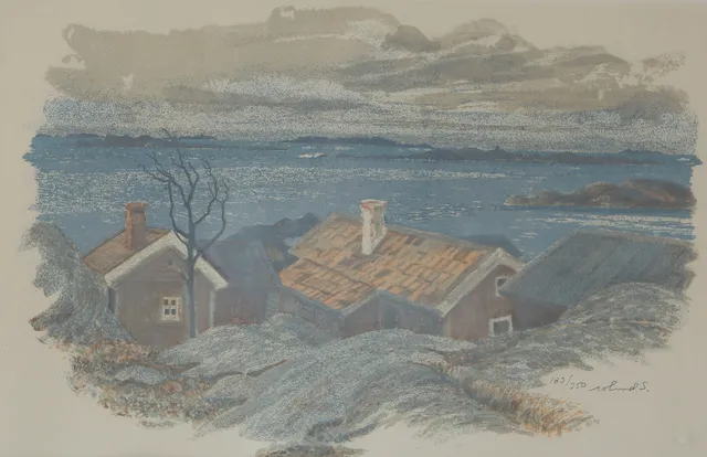 ROLAND SVENSSON. Skärgårdsmotiv med stuga, färglitografi, signerad, numrerad 183/350.