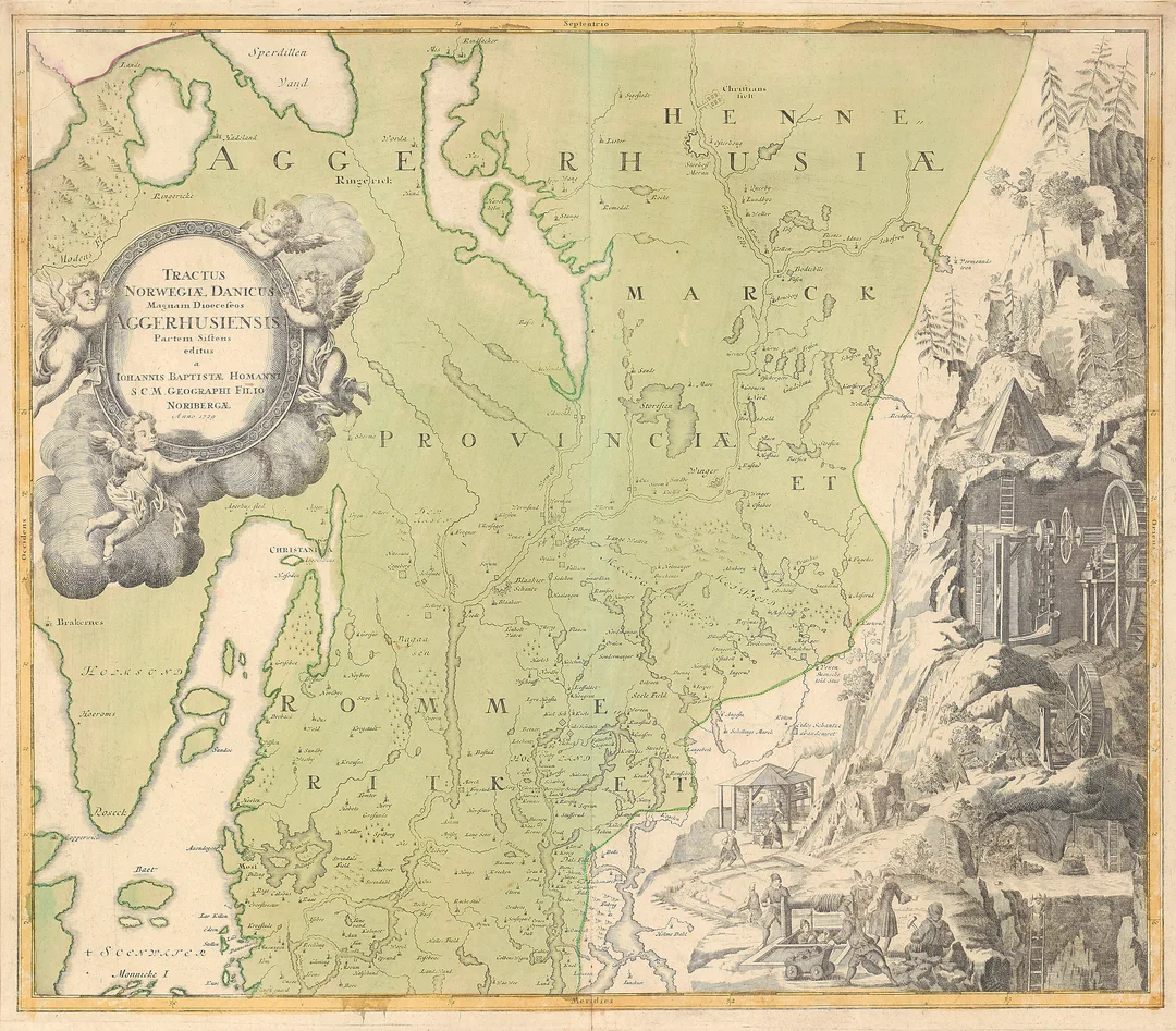 Homann, Johann Baptist — "Tractus Norwegiæ Danicus Magnam Dioecesis Aggerhusiensis" Nürnberg ca. 1729 — Gjenstand/Kart, prospekter, brev, eldre foto — Blomqvist
