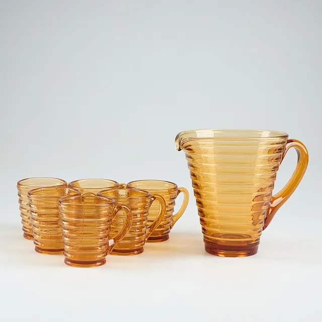 AINO AALTO. Kanna och 6 muggar. Modell 4644 och 4750, Karhula glasbruk 1930-tal.