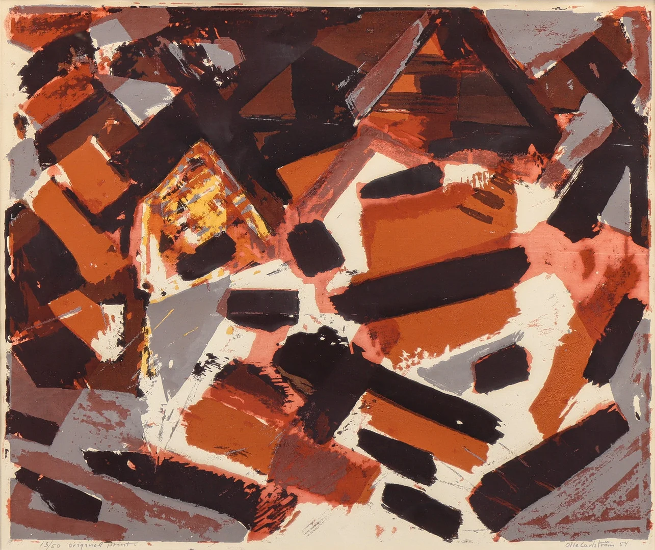 OLLE CARLSTRÖM. Komposition i rött, grått och svart, 1954. — Engravings & Prints — Karlstad Hammarö Auktionsverk