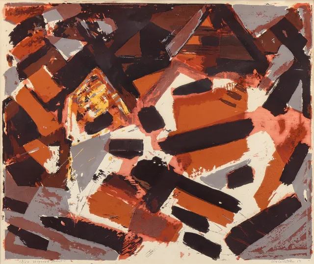 OLLE CARLSTRÖM. Komposition i rött, grått och svart, 1954.