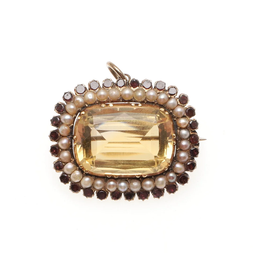 A CITRINE, PEARL AND GARNET BROOCH PENDANT. — Brooches & Pendants — Lawrences Auctioneers