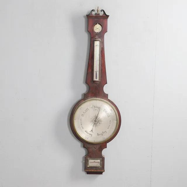 LOCAL INTEREST: A LARGE 19TH CENTURY MAHOGANY ANEROID BAROMETER.