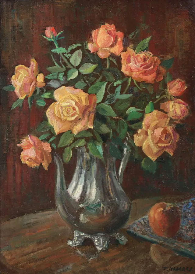 TADEUSZ KAMASA. Olja på duk, stilleben med rosor, signerad.