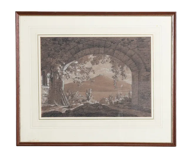 BRITISH SCHOOL 18TH / 19TH CENTURY, VIEW THROUGH A STABLE OF A HILLSIDE.