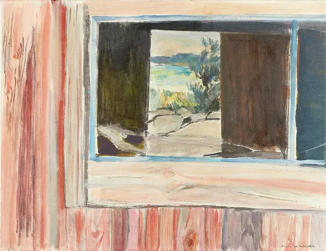 BRITA AF KLERCKER (Lund 1906-2001 Lund). "Tvärs genom båthusets rutor", signerad, 1976, olja på duk.