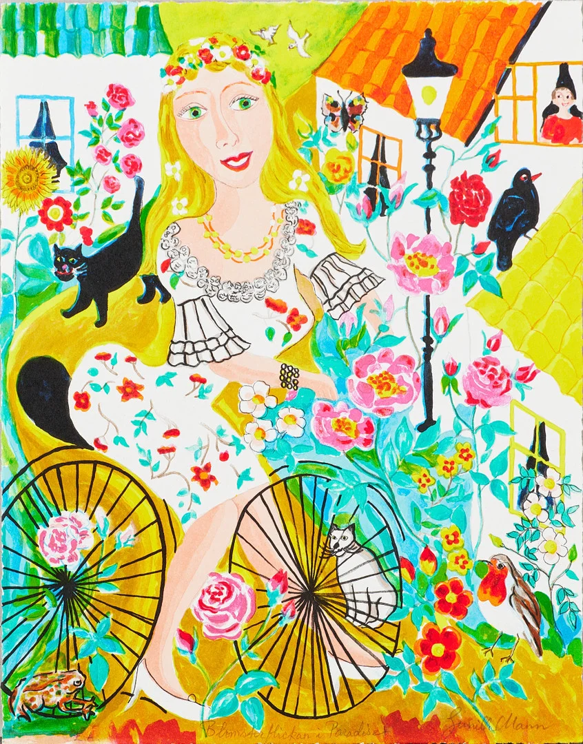 GUNILLA MANN. "Blomsterflickan i paradiset", färglitografi, signerad Gunilla Mann, EA. — Engravings & Prints — Stockholms Auktionsverk Magasin 5