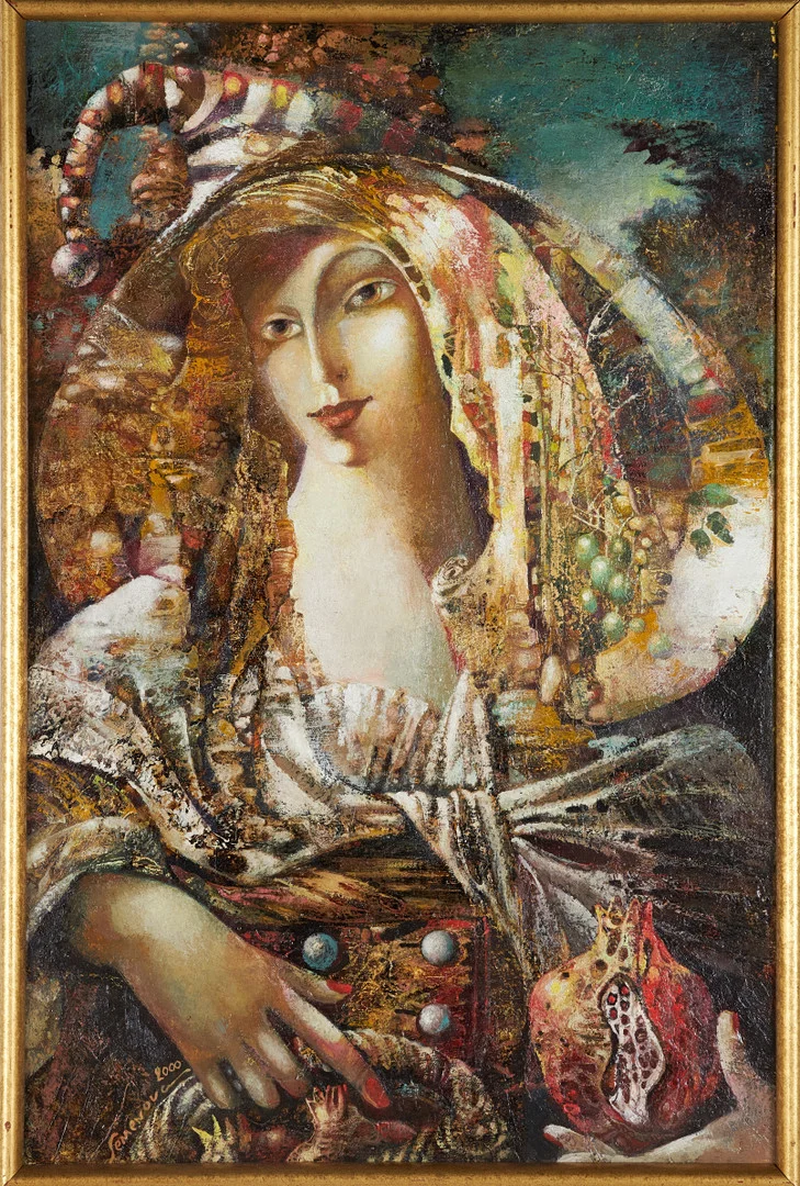 OLGA SEMENOVA. Kvinna med granatäpple, olja på duk, signerad och daterad 2000. — Paintings — Stockholms Auktionsverk Sickla