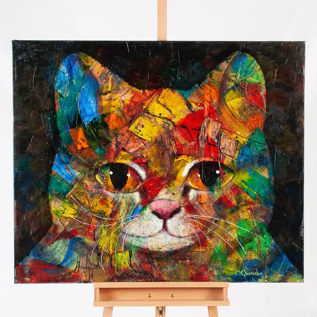 MICHAEL QVARSEBO. VISIONÄRT KATTPORTRÄTT, OLJA PÅ DUK, SIGNERAD, DATERAD - 22. 120 X 100.