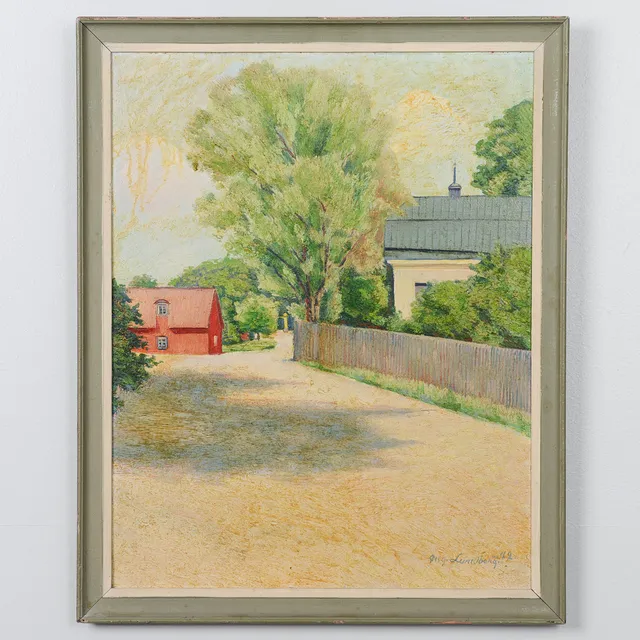 AUGUST LUNDBERG. Gårdsplan, olja på pannå, signerad.
