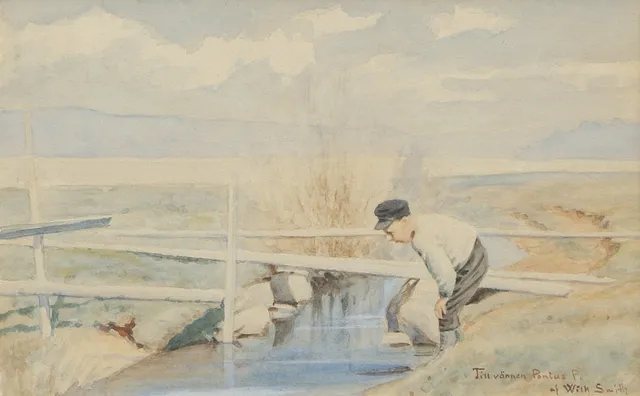WILHELM SMITH. Akvarell, pojke vid bäck, signerad med dedikation.