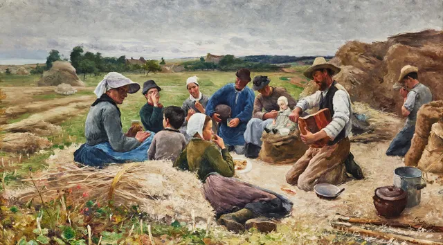 GEORG PAULI. Frukost under rapsskörden, olja på duk, 113 x 213 cm.