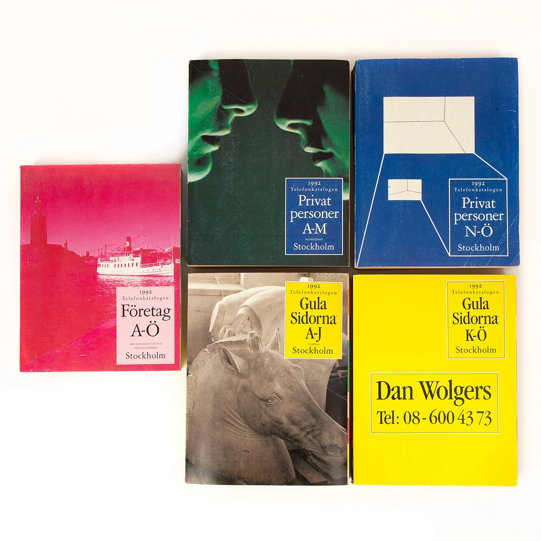 DAN WOLGERS. Telefonkataloger, Gula sidorna, fem volymer, Stockholmsdelen, 1992. — Other — Stockholms Auktionsverk Göteborg