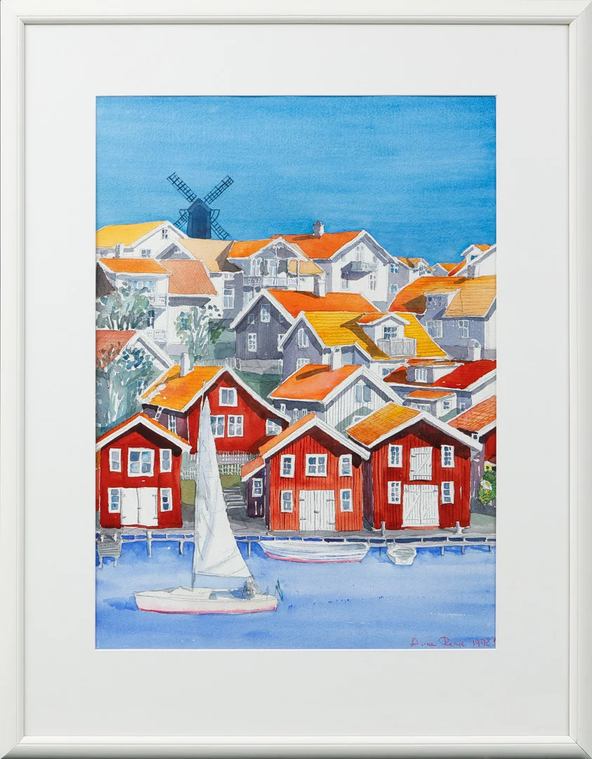 ARIANA RAMHAGE. Kustsamhälle Bohuslän, akvarell, signerad och daterad 1996. — Paintings — Göteborgs Auktionsverk