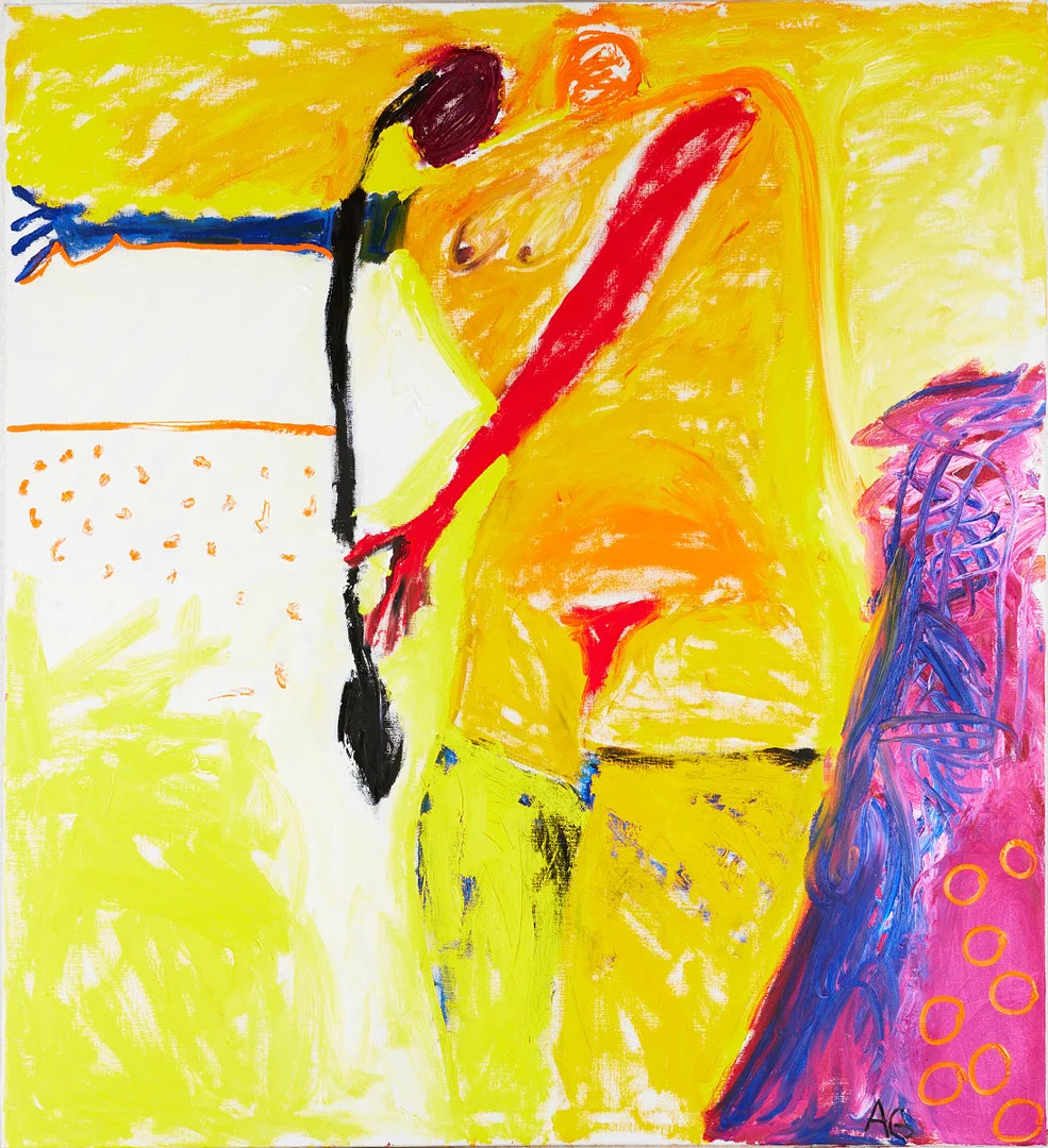 AGNETA GRANSTAD (FÖDD 1949). Komposition med kvinna, del ur svit, olja på duk, monogramsignerad. — Paintings — Stockholms Auktionsverk Magasin 5