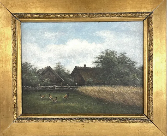 SEVERIN NILSON. Olja på duk, Gård med höns, signerad.