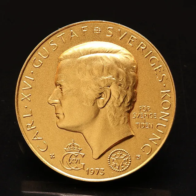 MEDALJ i 18 K rödguld, Carl XVI Gustav Sveriges Konung/Gustav VI Adolf Sveriges Götes Vendes Konung, 1973.