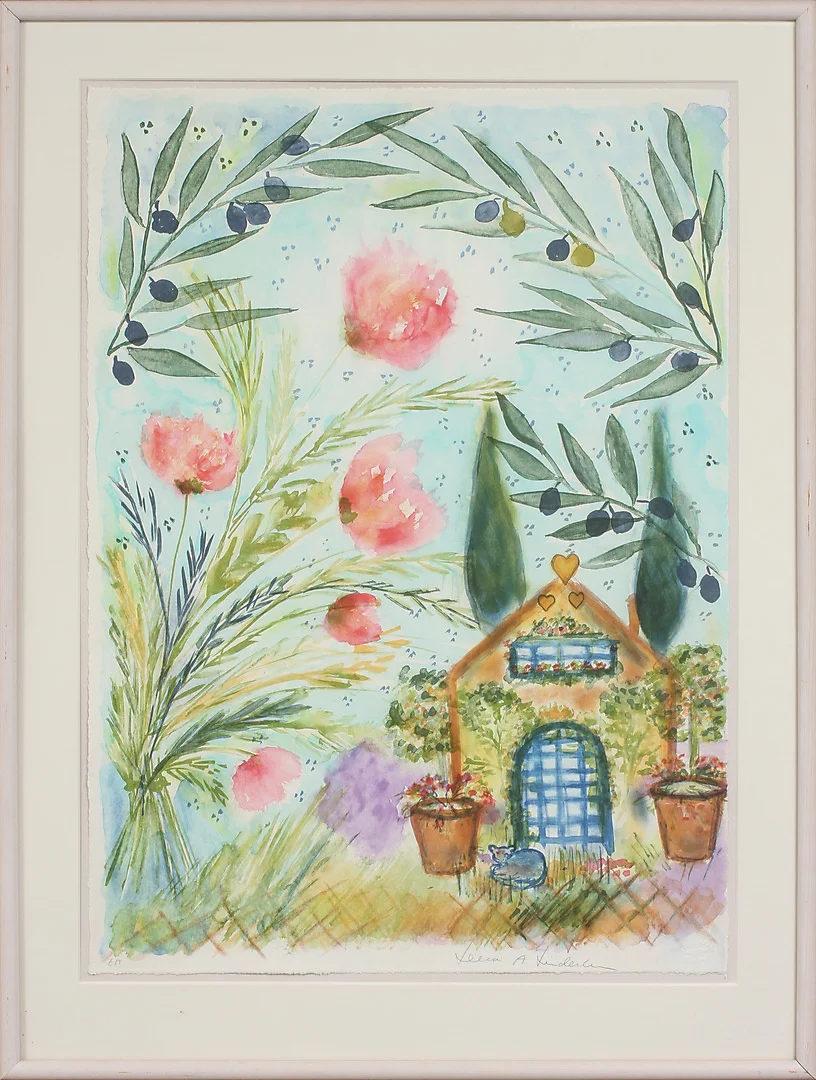LENA A LINDERHOLM. Blommor och hus, färglitografi, signerad, EA. — Engravings & Prints — Göteborgs Auktionsverk