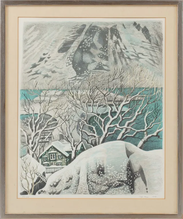 CAJE HUSS. Vinterbild, färglitografi, signerad och numrerad 48/200.