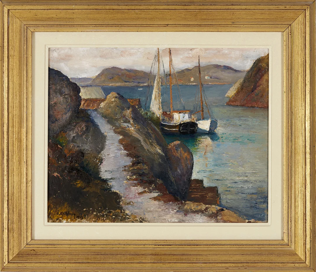 ÅKE NOTHBERG (1893-1973). "Från Härön, Kyrkesund", signerad, daterad -42, olja på pannå. — Paintings — Crafoord Auktioner Stockholm