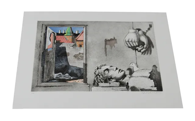 AXEL OLSON. Färglitografi. Surrealistiskbild, signerad, HC.