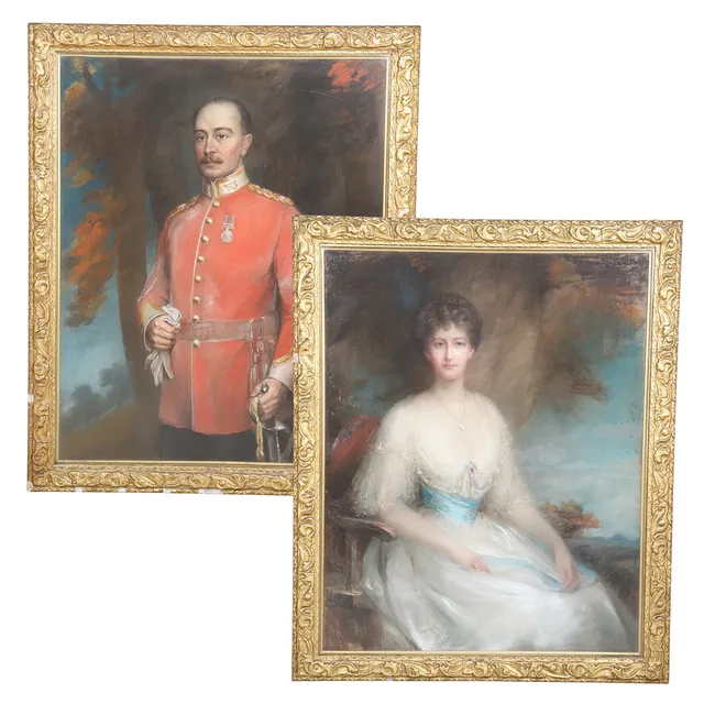 R.W. WITHERS-LEE (ACT.1884-1903). THREE-QUARTER LENGTH PORTRAITS OF LT-COL ROBERT HALSTEAD HARGREAVES DL JP (1860 - 1909) OF KNIGHTLEY GRANGE, WOODSEAVES, STAFFORDSHIRE AND HIS WIFE ROSE HARRIET HARGREAVES (d. 1942).