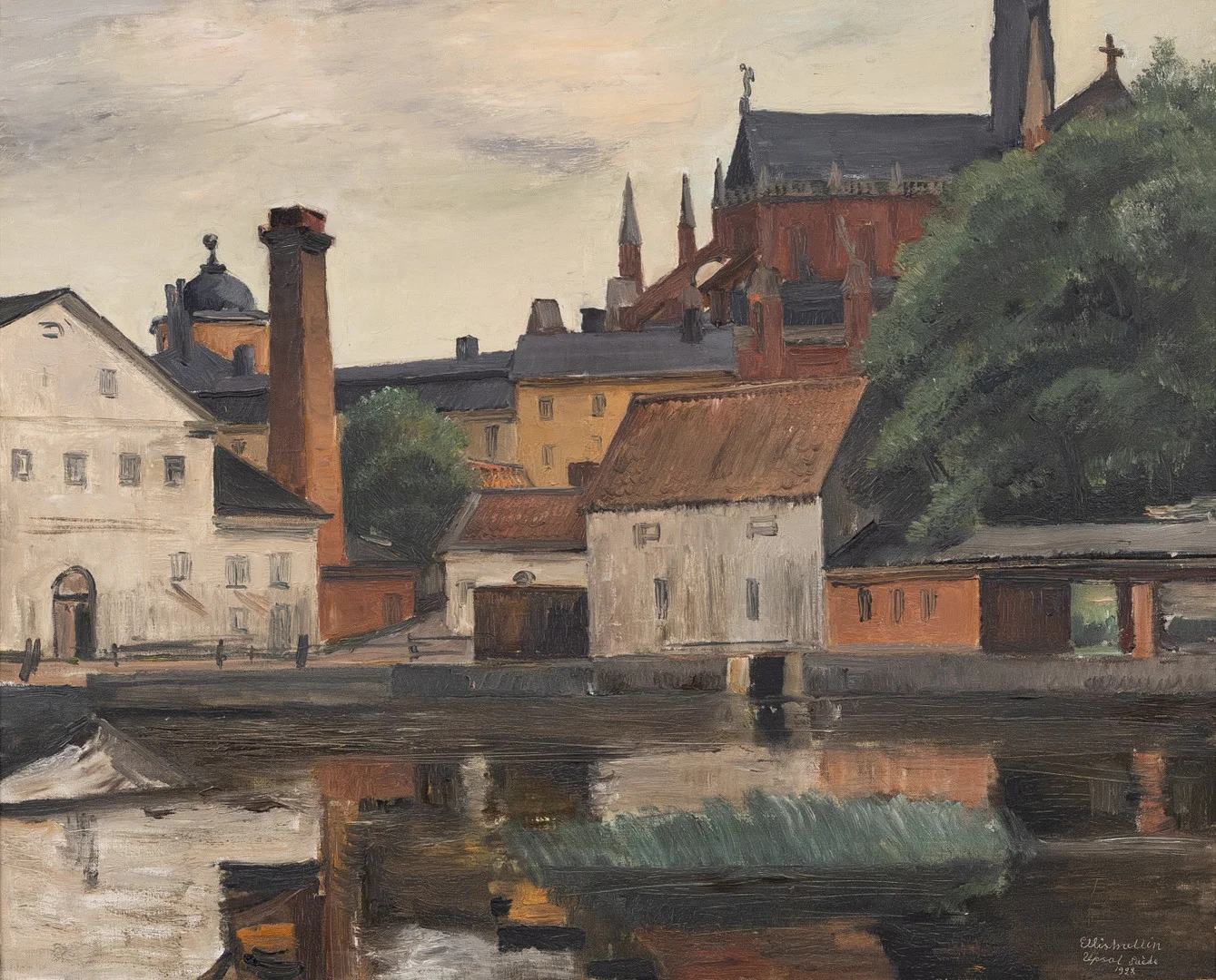 ELLIS WALLIN. Östra Ågatan i Uppsala vid Domkyrkan, olja på duk, signerad och daterad 1928. — Paintings — Garpenhus Auktioner